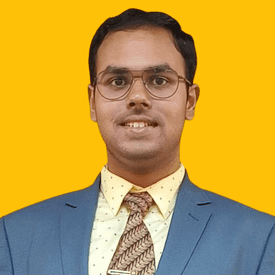 A smiling young man wearing a blue suit and glasses appears on a yellow background.