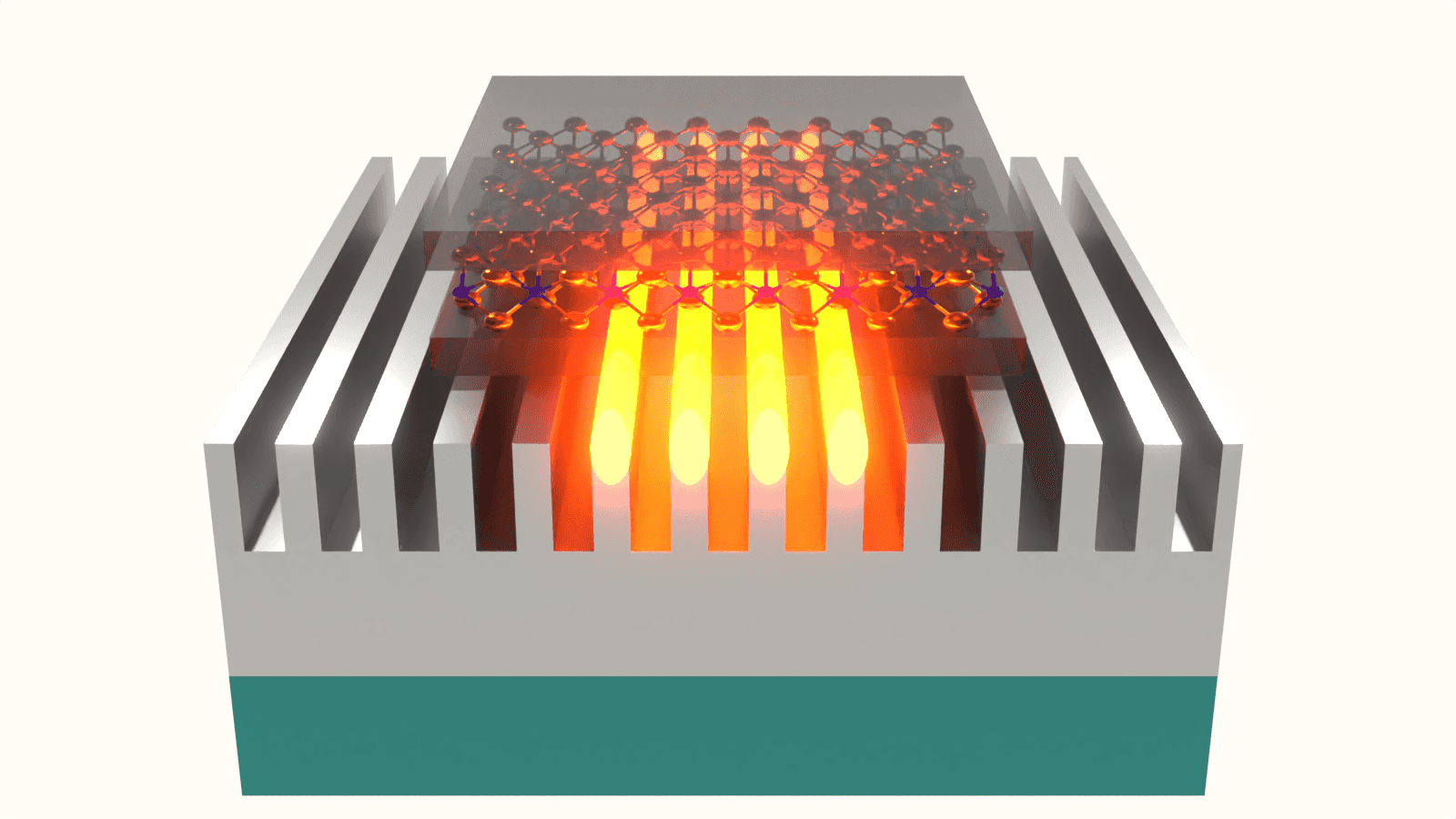 a graphic showing a chip with silver grooves guiding energy to a two-dimensional material